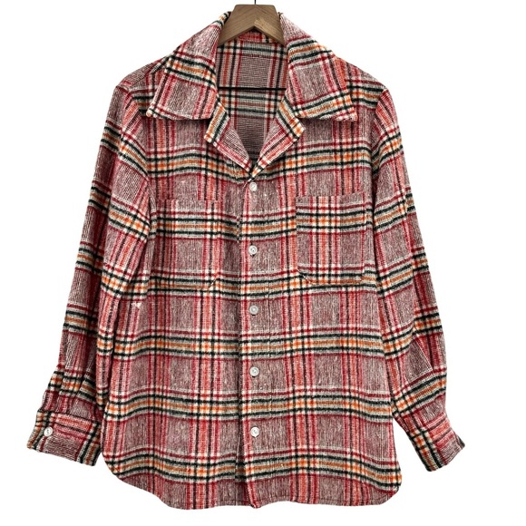 Vintage 70s Flannel Shirt Handmade Plaid Button Up Jacket / Shacket Red Black XL - Picture 1 of 7